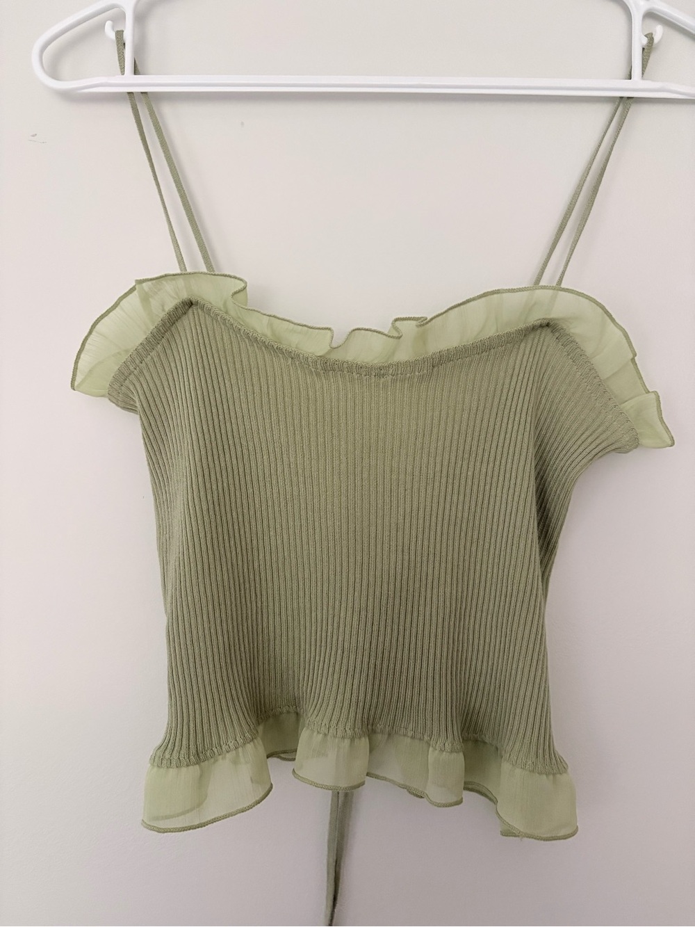 Light Green Ruffle-Trim Ribbed Camisole Top